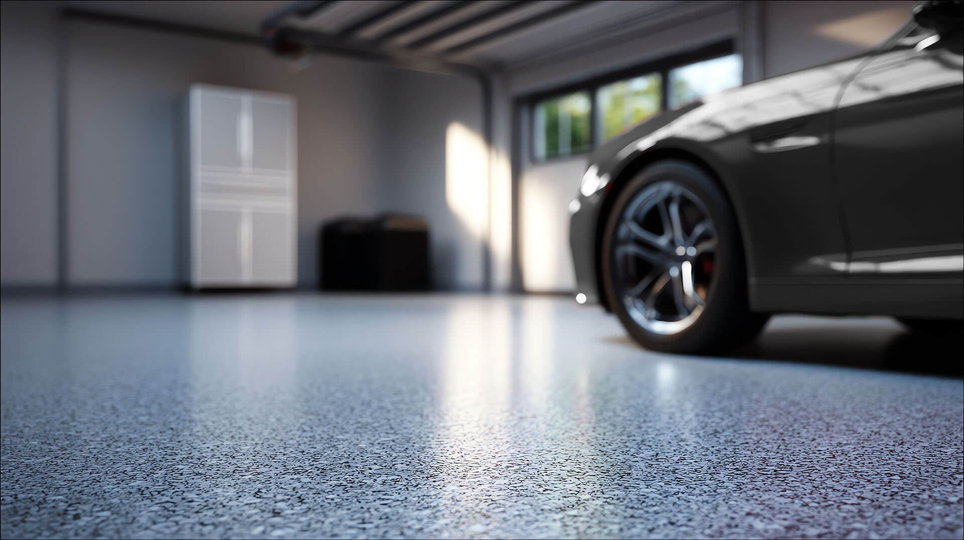 Chip-flake coated garage floor in a finished Houston home garage