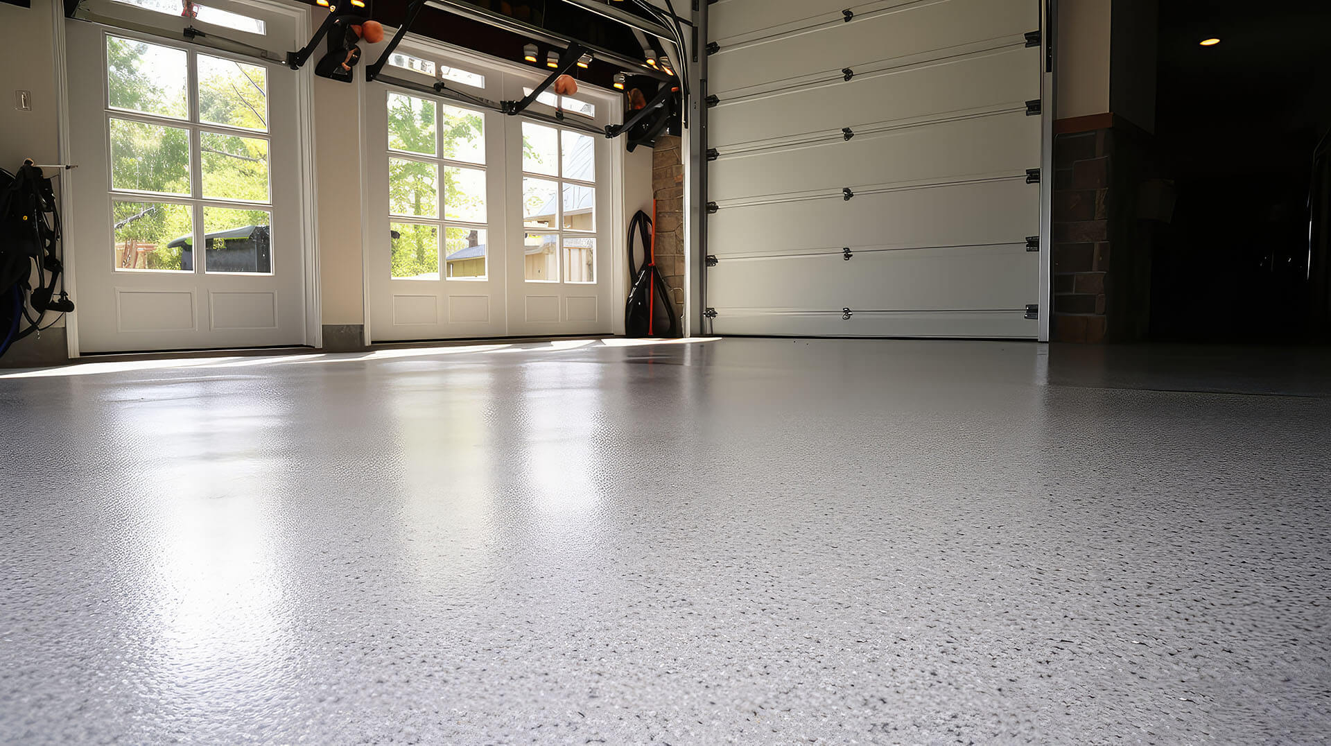 Chip-flake coated shop floor with tool cabinets and vehicle tire in a Houston garage workshop
