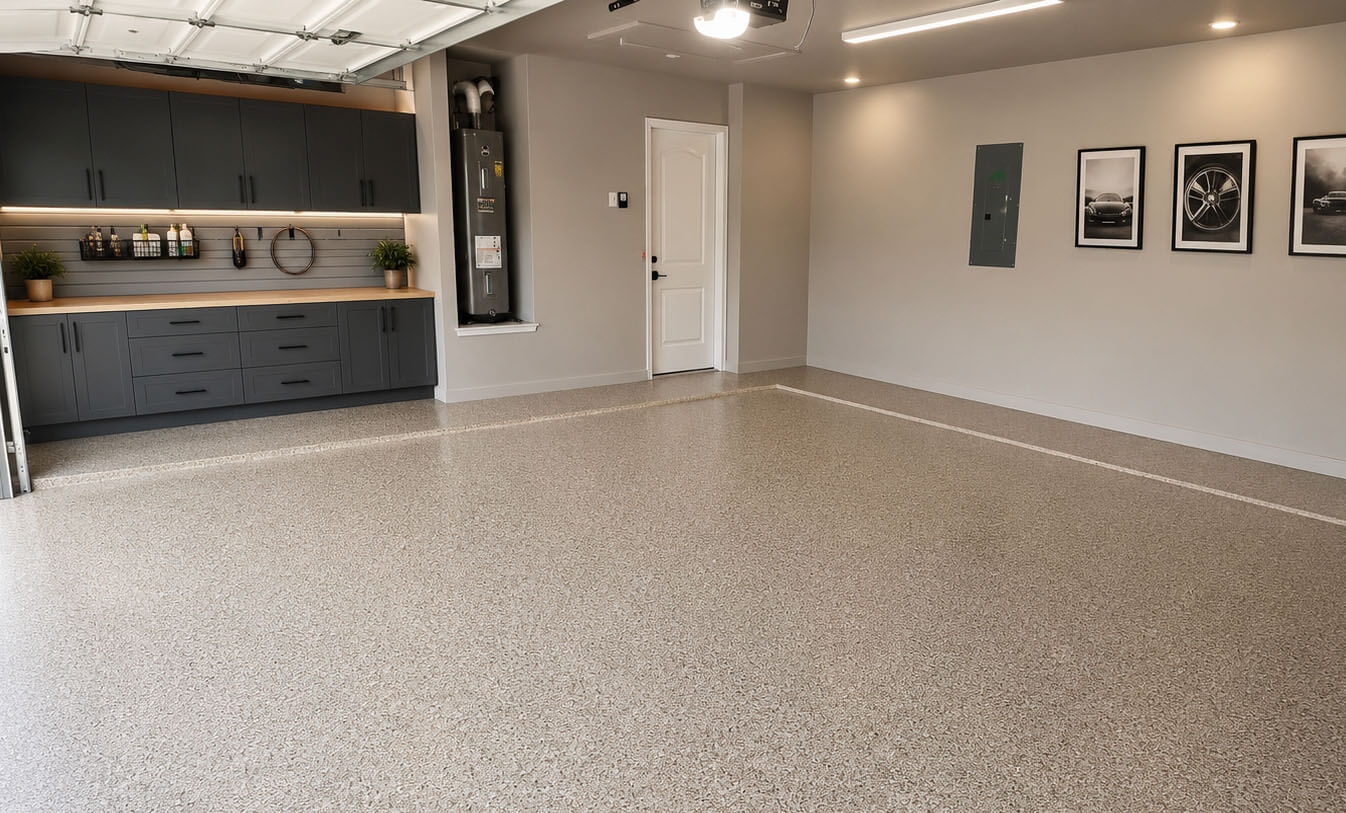 Finished concrete garage floor coating in a Houston home